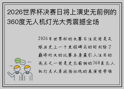 2026世界杯决赛日将上演史无前例的360度无人机灯光大秀震撼全场 2026世界杯决赛日将上演史无前例的360度无人机灯光大秀震撼全场